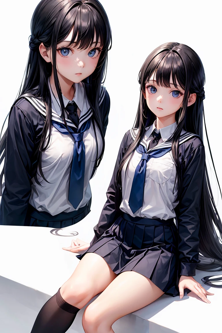 a cut girl with long hair, wearing school uniform, full-body shot, white background, ((UHD,masterpiece,super detail,award winning:1.4,best quality:1.2,highres,high quality))