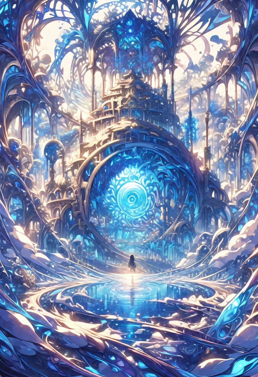 ((masterpiece)), (anime:1.3), ((Highest quality)), (Abstract art:1.5), (High resolution), (pale colour), Wide Shot, (Fractal structure:1.5), , landscape, (beautiful), (Biological atmosphere), deep sea, (pretty girl),  beautiful白い髪,  transparent　Glass　ice　mirror　Blue rose　water晶 透き通っている　water　prism