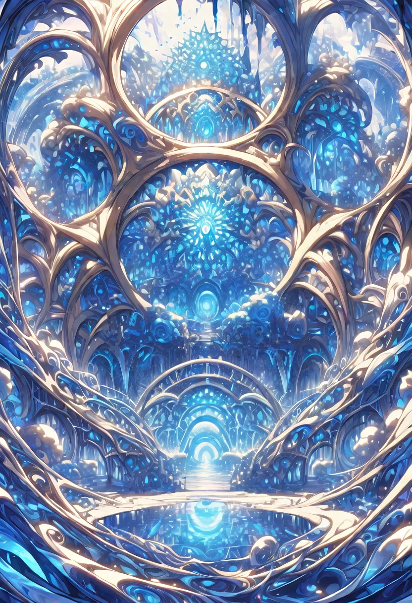 ((masterpiece)), (anime:1.3), ((Highest quality)), (Abstract art:1.5), (High resolution), (pale colour), Wide Shot, (Fractal structure:1.5), , landscape, (beautiful), (Biological atmosphere), deep sea, (pretty girl),  beautiful白い髪,  transparent　Glass　ice　mirror　Blue rose　water晶 透き通っている　water　prism