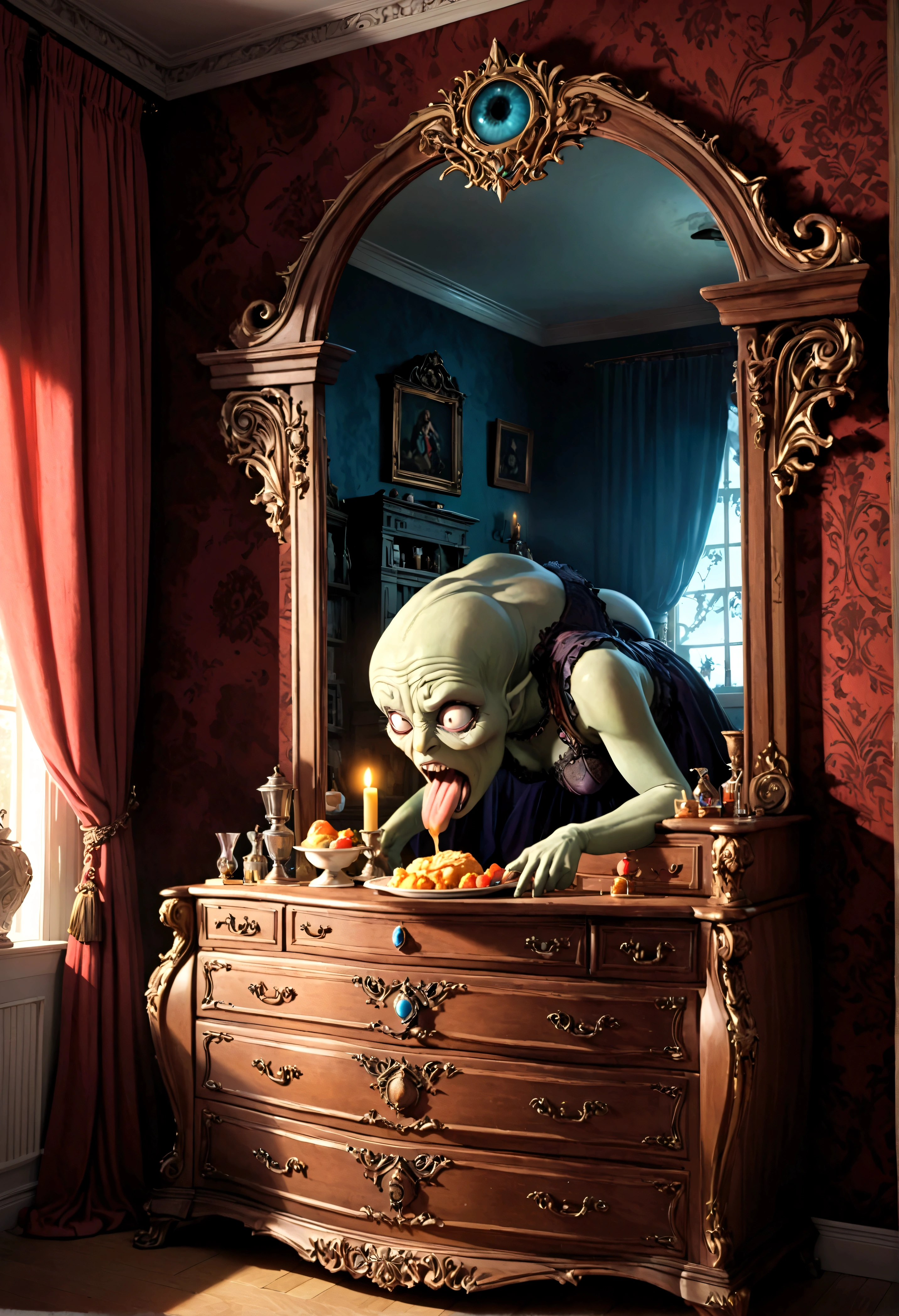 A mimic disguised as a dresser with mirror, monstrous features, licking giant maw, anticipating a meal, fantasy bedroom, (best quality,8k,highres,masterpiece:1.2),ultra-detailed,(realistic,photorealistic,photo-realistic:1.37),fantasy,horror,surreal,cinematic lighting,dark moody colors,dramatic shadows,intricate details,ornate dresser,distorted proportions,unsettling atmosphere,eerie presence,dreamlike,visceral,unnerving