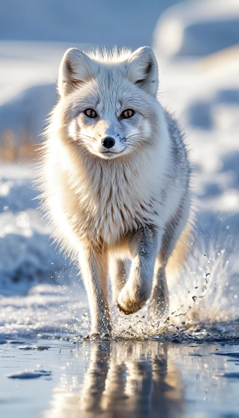 Digital artwork using liquid metal techniques,Depicting arctic fox on the run,where the texture of white gold flows and blends,Capture the reflection of sunlight,create a feeling