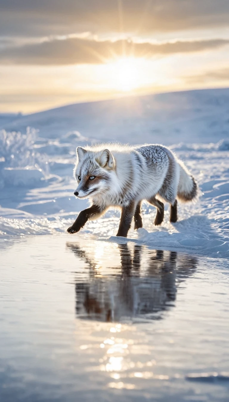 Digital artwork using liquid metal techniques，Depicting arctic fox on the run，where the texture of white gold flows and blends，Capture the reflection of sunlight，create a feeling