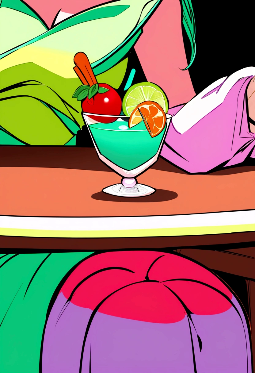 A young woman sits at a table with fruits and cocktails, styled in light red and light emerald colors, humorous image, wimmelbilder, close-up