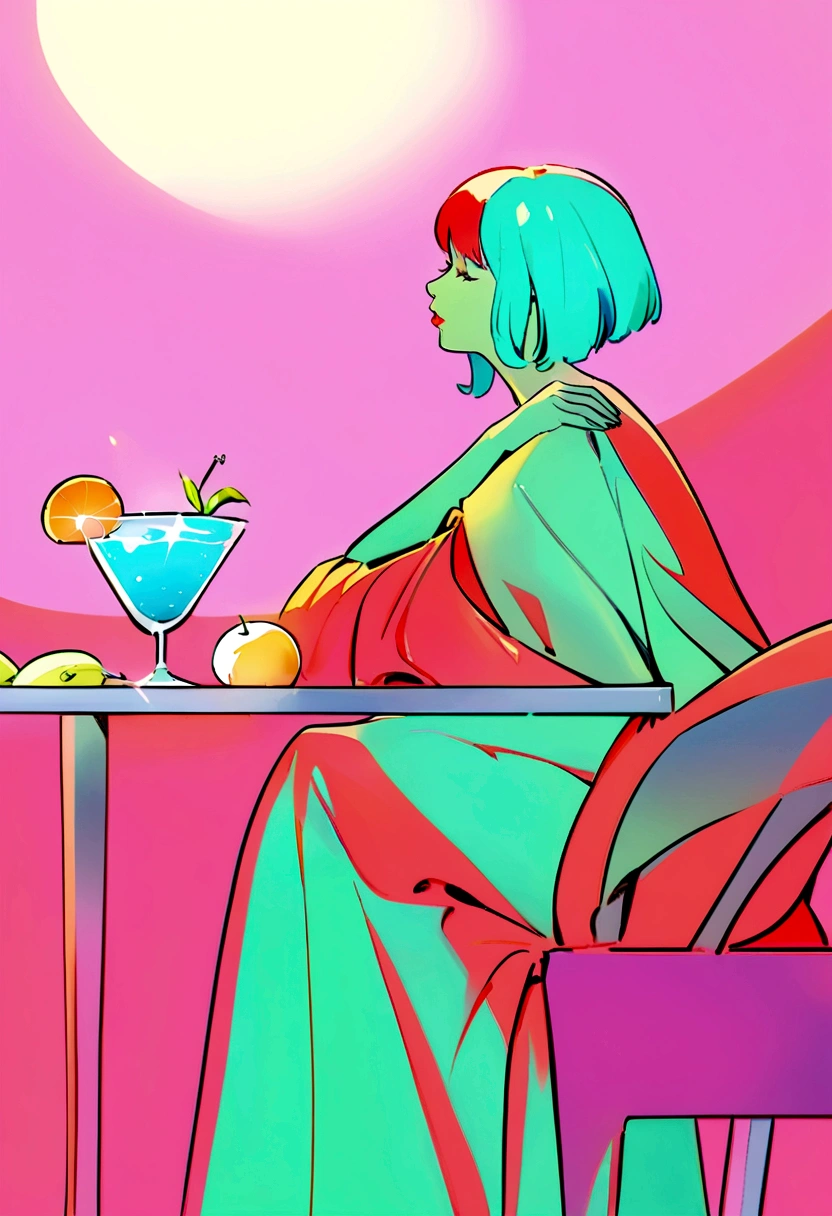 A young woman sits at a table with fruits and cocktails, styled in light red and light emerald colors, humorous image, wimmelbilder, close-up