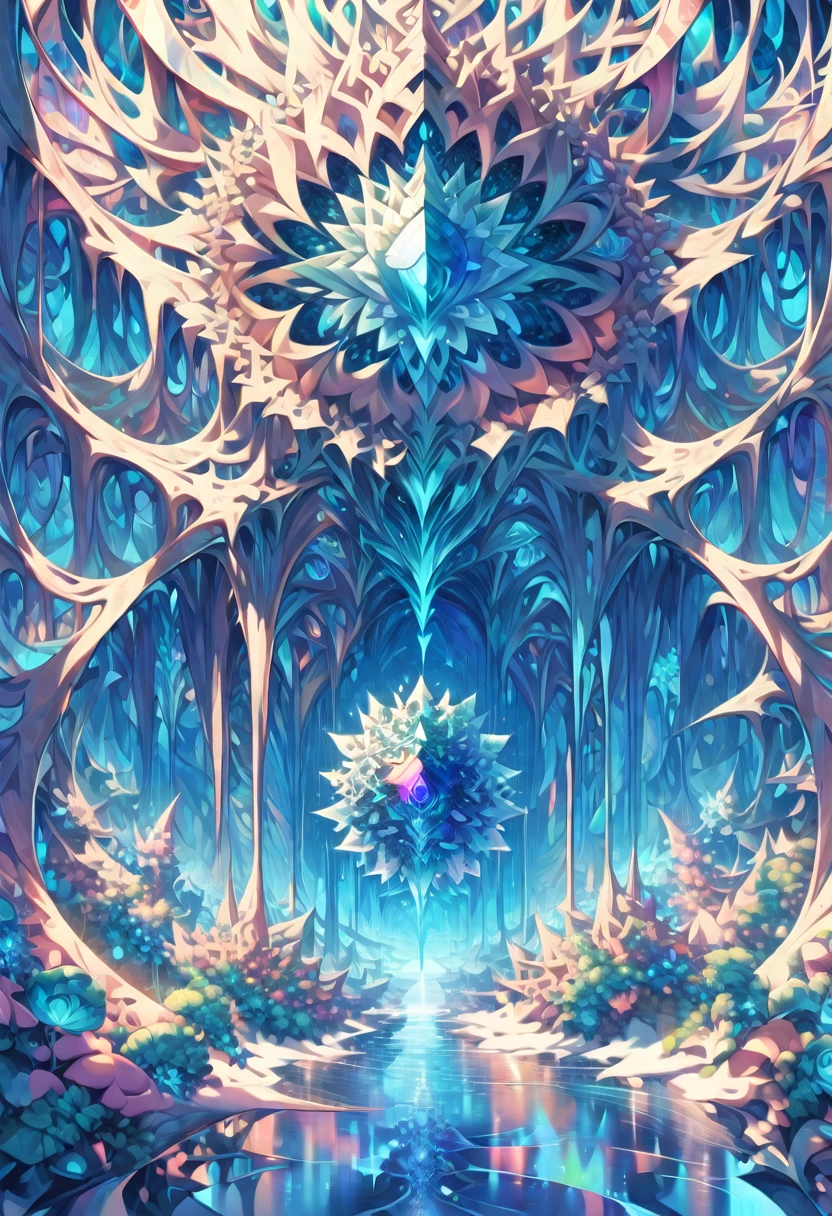 ((masterpiece)), (anime:1.3), ((Highest quality)), (Abstract art:1.5), (High resolution), (pale colour), Wide Shot, (Fractal structure:1.5), , landscape, (beautiful), (Biological atmosphere), deep sea, (pretty girl), beautiful白い髪, transparent Glass ice mirror Blue rose water晶 透き通っている water prism