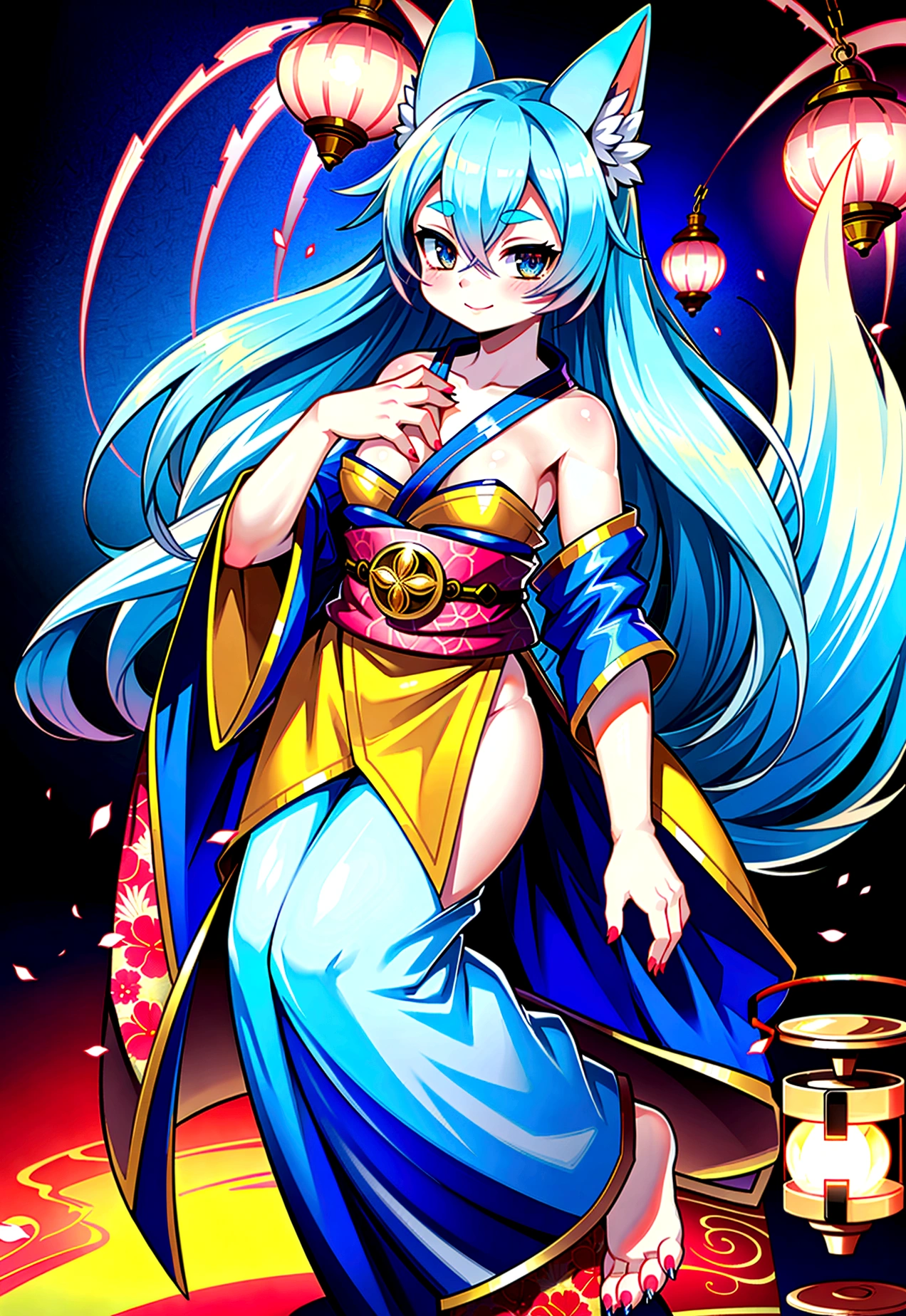 fox Light blue hair beast girl indigo fur fox beast girl fox Light blue hair beast girl indigo fur fox beast girl Wallpaper 4k,8k,highly detailled,,vivid colors,detailed kitsune with 9 tails,traditional Japanese artwork,tatami floor,beautiful cherry blossoms,floating lanterns,dark silhouette of a pagoda,subtle moonlight,dense forest,ethereal atmosphere,dappled sunlight,whimsical spirit,serene expression,elaborate kimono and obi,delicate hand-painted details,luminous eyes Anime Style fox blue White-faced golden-haired nine-tailed fox Coat blue mysterious background Blue Flame girl have a ball of light Anime Style fox blue White-faced golden-haired nine-tailed fox Coat blue mysterious background Blue Flame girl have a ball of light