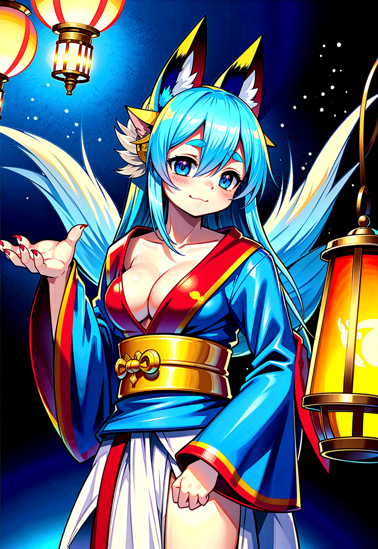 fox Light blue hair beast girl indigo fur fox beast girl fox Light blue hair beast girl indigo fur fox beast girl Wallpaper 4k,8k,highly detailled,,vivid colors,detailed kitsune with 9 tails,traditional Japanese artwork,tatami floor,beautiful cherry blossoms,floating lanterns,dark silhouette of a pagoda,subtle moonlight,dense forest,ethereal atmosphere,dappled sunlight,whimsical spirit,serene expression,elaborate kimono and obi,delicate hand-painted details,luminous eyes Anime Style fox blue White-faced golden-haired nine-tailed fox Coat blue mysterious background Blue Flame girl have a ball of light Anime Style fox blue White-faced golden-haired nine-tailed fox Coat blue mysterious background Blue Flame girl have a ball of light