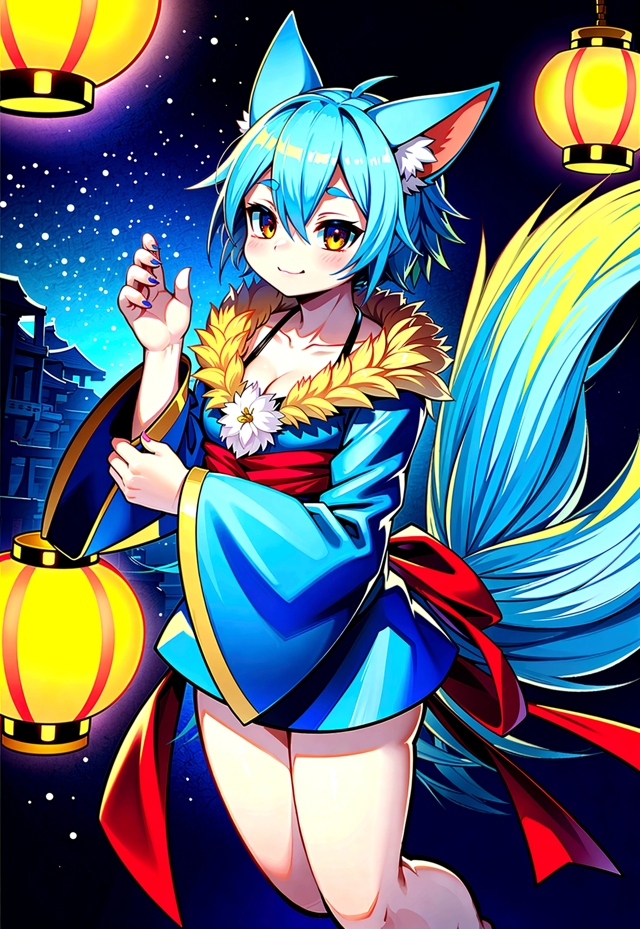fox Light blue hair beast girl indigo fur fox beast girl fox Light blue hair beast girl indigo fur fox beast girl Wallpaper 4k,8k,highly detailled,,vivid colors,detailed kitsune with 9 tails,traditional Japanese artwork,tatami floor,beautiful cherry blossoms,floating lanterns,dark silhouette of a pagoda,subtle moonlight,dense forest,ethereal atmosphere,dappled sunlight,whimsical spirit,serene expression,elaborate kimono and obi,delicate hand-painted details,luminous eyes Anime Style fox blue White-faced golden-haired nine-tailed fox Coat blue mysterious background Blue Flame girl have a ball of light Anime Style fox blue White-faced golden-haired nine-tailed fox Coat blue mysterious background Blue Flame girl have a ball of light