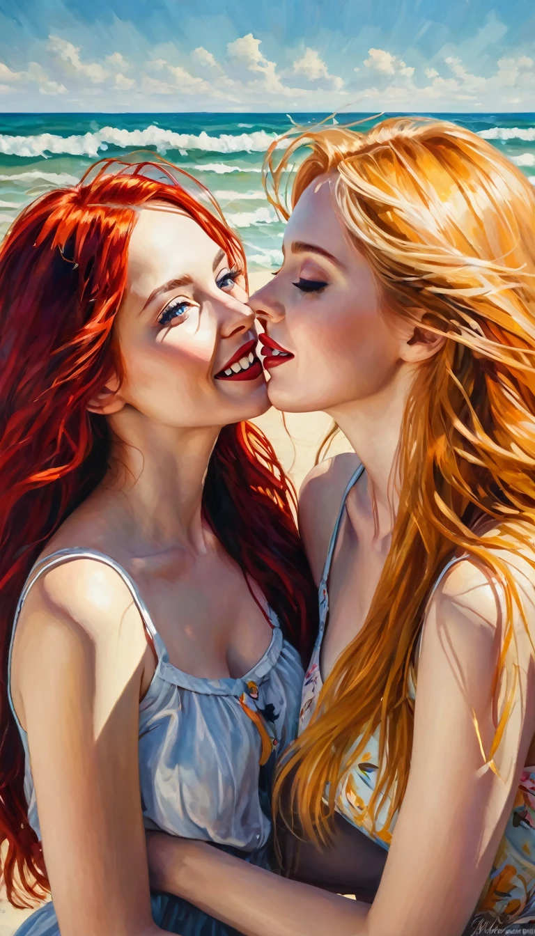 a girl with long red hair and a girl with long blonde hair on the beach, they laugh, affectionate,(art inspired by Bill Sienkiewicz). oil painting) (best quality,4k,8k,highres,masterpiece:1.2),ultra-detailed,(realistic,photorealistic,photo-realistic:1.37),intricate details,vivid colors,sharp focus,professional,Dave McKean artwork, oil touch of surrealism,oil painting style,portrait,woman,beautiful detailed eyes,beautiful detailed lips,dreamlike atmosphere,shadow play,soft lighting,playful pose
