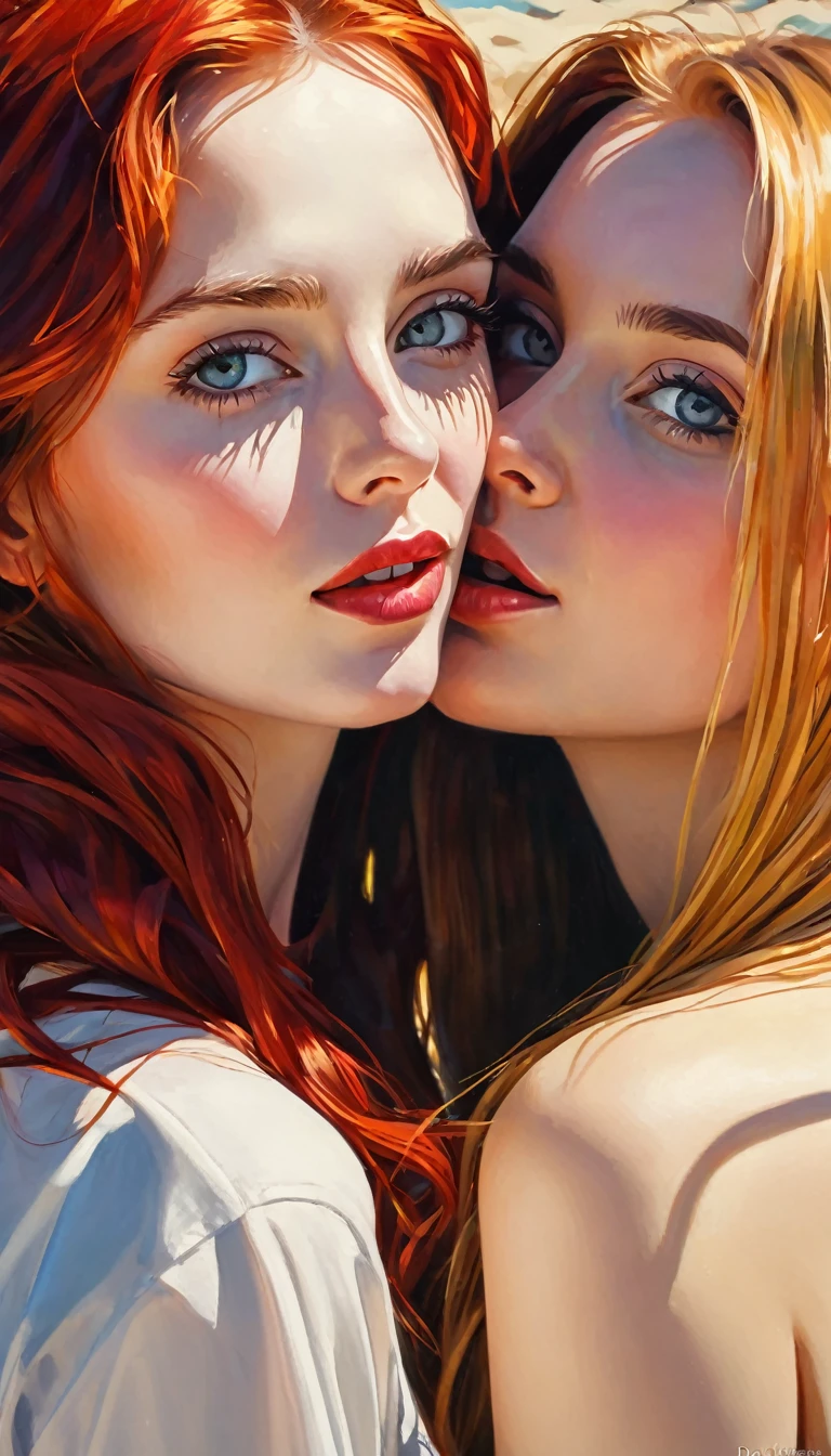 a girl with long red hair and a girl with long blonde hair on the beach, they laugh, affectionate,(art inspired by Bill Sienkiewicz). oil painting) (best quality,4k,8k,highres,masterpiece:1.2),ultra-detailed,(realistic,photorealistic,photo-realistic:1.37),intricate details,vivid colors,sharp focus,professional,Dave McKean artwork, oil touch of surrealism,oil painting style,portrait,woman,beautiful detailed eyes,beautiful detailed lips,dreamlike atmosphere,shadow play,soft lighting,playful pose