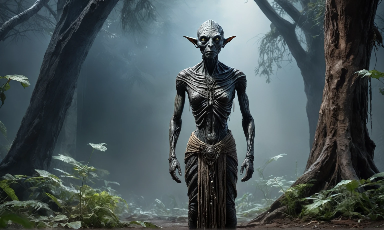full body length shot,beggar niobium graphite mummy of Alien Entity,native africa sparas,,maya, criminal city of future,Cinematic,soft colors, Technicolor,natural skin textures, hyper realism, hyper detailed,Extremely detailed,High contrast,Masterpiece,Realistic,Ultra Detailed, intricate details,realistic humid leather,extremely intricate,Epic Realistic, cinematic style, irina yermolova,high contrast,hdr,extremely detailed, deep night landscape,masterpiece, intricate details, eyes extremely detailed, high detailed eyes,8k resolution,retina, Nikon Z9,Korea,orc,perfect, Elf,transition between two art styles, Double contact, X-ray, Creative, vivid light, fantasy, Abstract, Surrealism, super detailed, high resolution, trap against fairies between trees,insanity wear