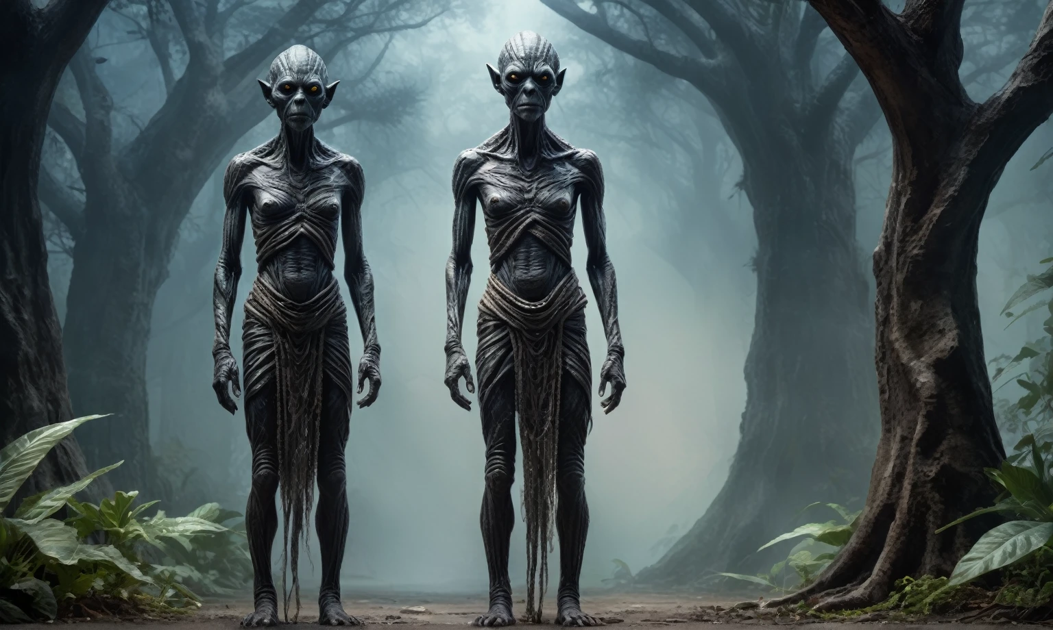 full body length shot,beggar niobium graphite mummy of Alien Entity,native africa sparas,,maya, criminal city of future,Cinematic,soft colors, Technicolor,natural skin textures, hyper realism, hyper detailed,Extremely detailed,High contrast,Masterpiece,Realistic,Ultra Detailed, intricate details,realistic humid leather,extremely intricate,Epic Realistic, cinematic style, irina yermolova,high contrast,hdr,extremely detailed, deep night landscape,masterpiece, intricate details, eyes extremely detailed, high detailed eyes,8k resolution,retina, Nikon Z9,Korea,orc,perfect, Elf,transition between two art styles, Double contact, X-ray, Creative, vivid light, fantasy, Abstract, Surrealism, super detailed, high resolution, trap against fairies between trees,insanity wear