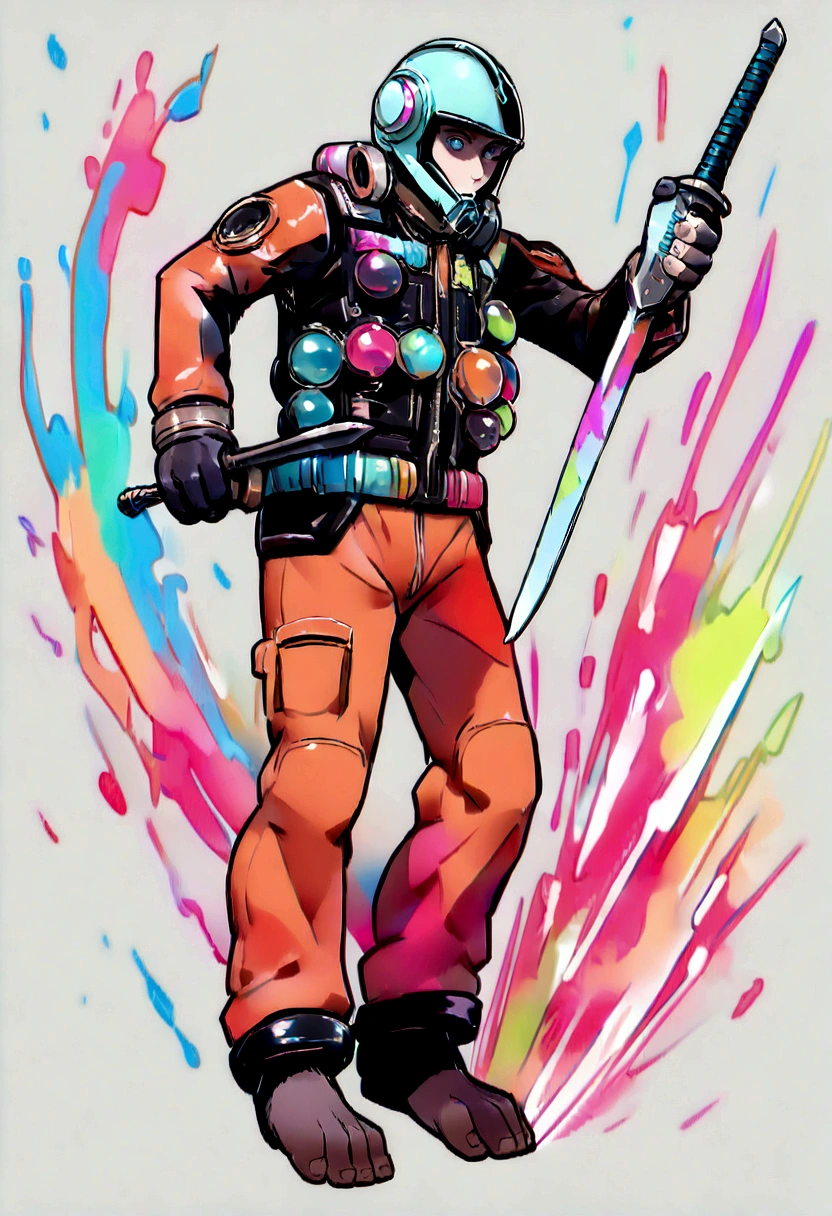 perfect proportions, anatomically correct, (head to toe: 2.0), (full body image: 2.0), solo, (Casshern: 1.6), extremely stylized, deviant art, masterpiece, highly detailed, detailed eyes, expressive detailed eyes, detailed pupils, futuristic, ((1950s scifi helmet)), ((pointy helmet)), Rubber Gloss, (flightsuit:1.4), big boots, entire body image, full body shot, nvinkpunk, professional photograph of alexander_skarsgard, tassles, large beads, (large tassels), cyberpunk, inkpunk, paint platter, ink splatter, (action pose:1.0), ((holding a sword))