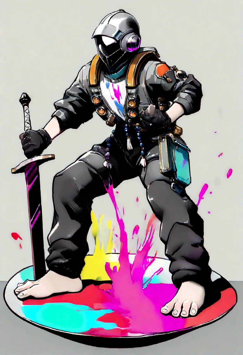 perfect proportions, anatomically correct, (head to toe: 2.0), (full body image: 2.0), solo, (Casshern: 1.6), extremely stylized, deviant art, masterpiece, highly detailed, detailed eyes, expressive detailed eyes, detailed pupils, futuristic, ((1950s scifi helmet)), ((pointy helmet)), Rubber Gloss, (flightsuit:1.4), big boots, entire body image, full body shot, nvinkpunk, professional photograph of alexander_skarsgard, tassles, large beads, (large tassels), cyberpunk, inkpunk, paint platter, ink splatter, (action pose:1.0), ((holding a sword))