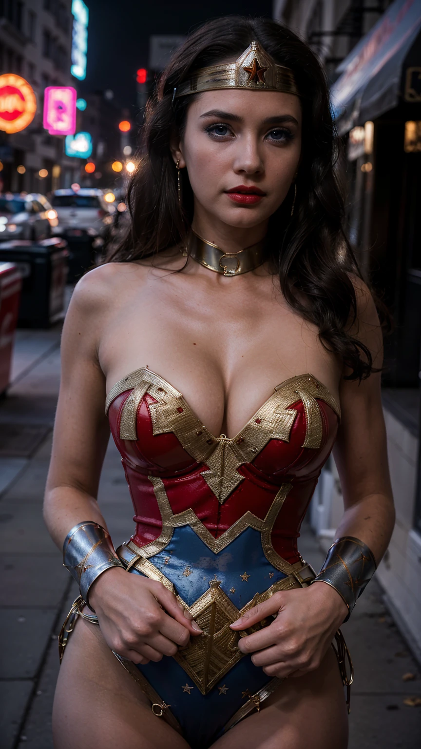 Masterpiece, Best quality, (Solo), (1girl), (photorealistic1.4), (epiCRealLife:1.0), (show large breasts), (show cleavage)),, (European model),, (j4nu4ryj0n3s). (Wonderwoman768 ), (lynda-carter-ww-costume), (black hair), (blue eyes), (latex bodysuit),, (Wonderwoman768 tiara), ((armored bands), (red lipstick), , (spotlight), (night time), (at night), (flash photography), (on New York Street), (earring), (tiera), (demure),