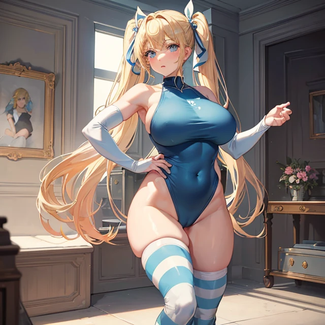 (masterpiece image, very detailed image, best high quality high definition image High very detailed Quality image, Very detailed high quality image),
1girl, absolute beauty, 28 years old, fair pale skin, light blue eyes, beauty features, long blonde golden hair tied in two pigtails with pink ribbons and blonde golden hair curly fringe near the nose, voluotuous body, big breasts, round butt, beautiful legs, (light pale blue one piece leotard with a white stripe line in the belly and a grey spandex shorts under the leotard, grey knee pads, light pale blue wrestling boots, light pale blue arms sleeves, grey elbow pads), clam smile
Twerking on toilet room