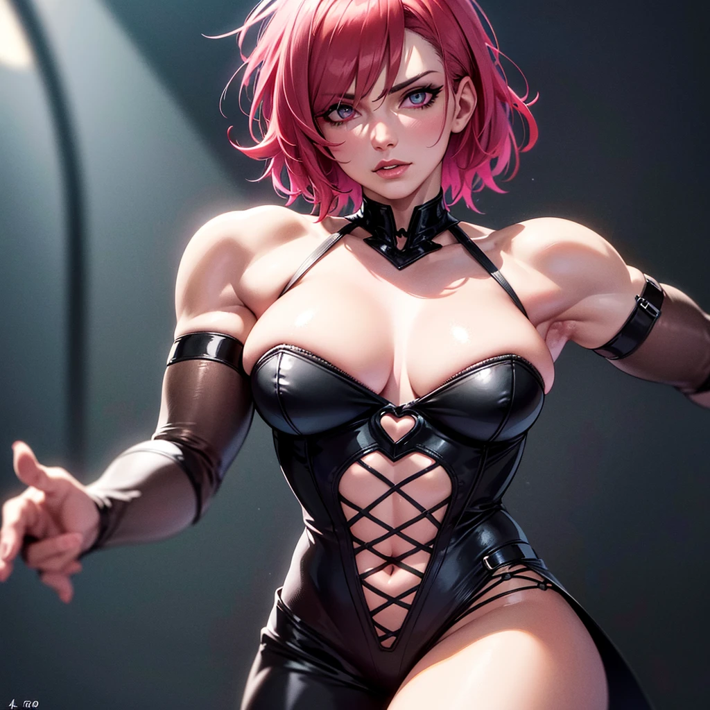 a muscular masculine man with short pink hair, wearing a gothic dress, androgynous face, (best quality,4k,8k,highres,masterpiece:1.2),ultra-detailed,(realistic,photorealistic,photo-realistic:1.37),extremely detailed eyes and lips,detailed skin and face,cinematic lighting,moody lighting,dramatic lighting,dramatic pose,detailed background,intricate pattern,vibrant colors