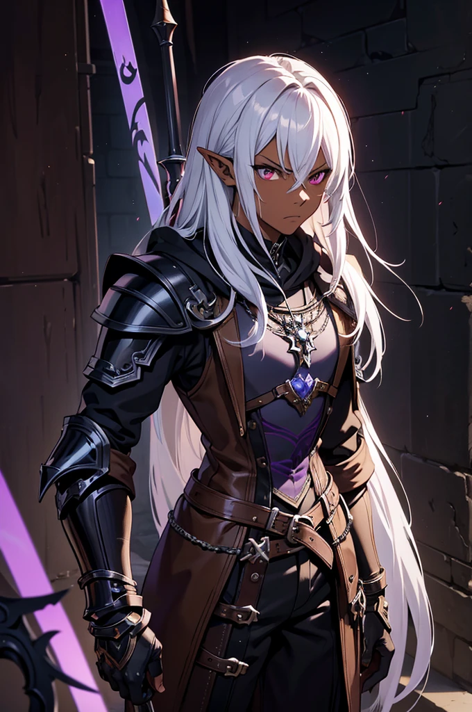 masterpiece, best quality, ultra high res, 1boy, deep shadow, dark theme, (mix between dungeonpunk and steampunk armor),  (wearing armor)fantasy illustration, dark skinned, human, upper body, portrait, red eyes, long white hair, Xemnas from Kingdom Hearts, half-drow, pointy ears, serious face, young man, dramatic lighting, purple hue, art by Kinema Citrus and Tetsuya Nomura,