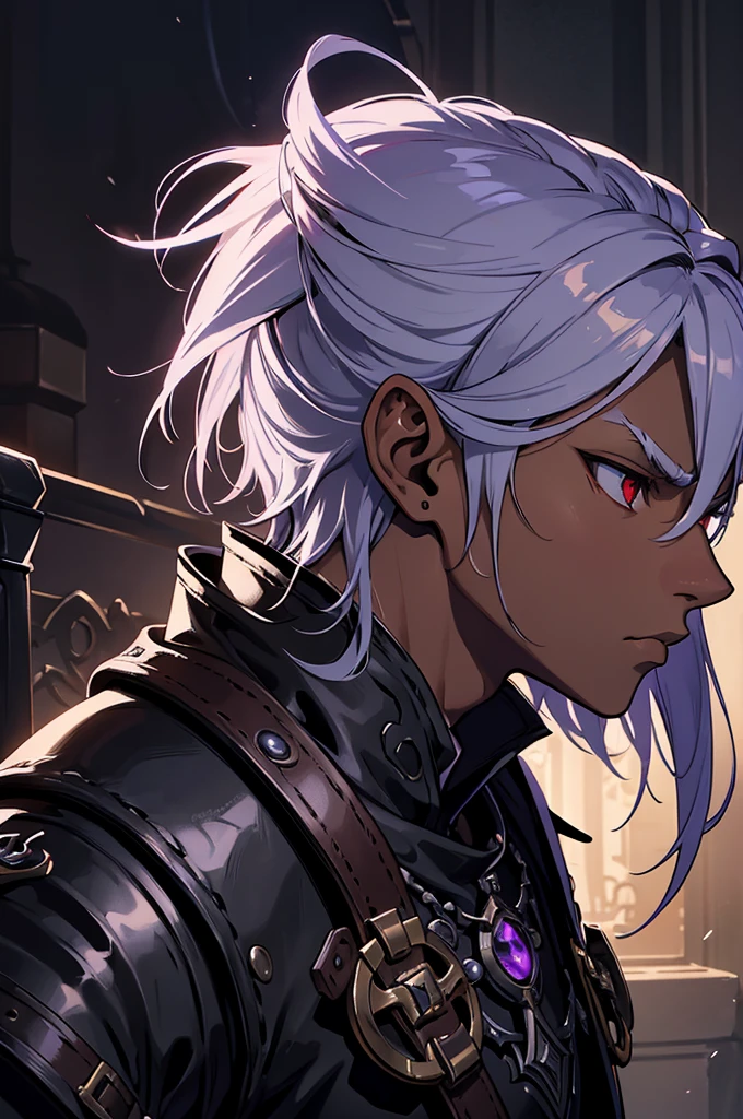 masterpiece, best quality, ultra high res, 1boy, deep shadow, dark theme, (mix between dungeonpunk and steampunk armor), (wearing armor)fantasy illustration, dark skinned, human, upper body, portrait, red eyes, long white hair, Xemnas from Kingdom Hearts, half-drow, pointy ears, serious face, young man, dramatic lighting, purple hue, art by Kinema Citrus and Tetsuya Nomura,