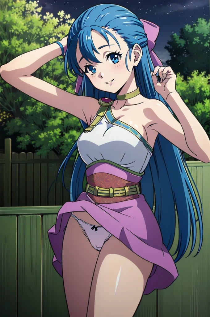 Panties in full view、Underwear in full view、Big Breasts、Blue Panties、Panties in full view、MiniskirtFullNude,Armpit show,flora \(dq5\),Long hair,half updo,white thighhig,1girl in, solo,  face to the viewer, Looking at Viewer, Smile,nighttime scene