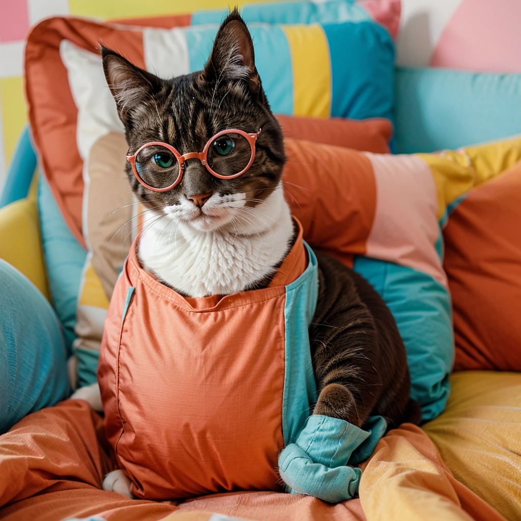 cat wearing round colored glasses, cute cat, funny pose, colorfull