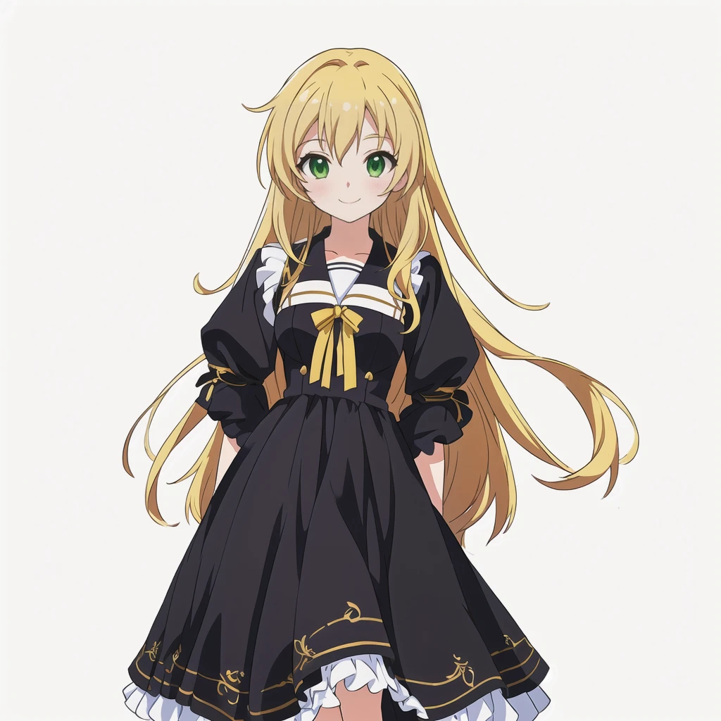 Highest quality, high resolution, High quality anime art style, Official Art, Smooth anime CG art, Stylized anime, Cute 3D anime girl render, Visual Novel Sprites, White background, whole body, Anime-style 3D, Smooth anime CG art, Humanoid Girl, JRPG Characters, Anime girl with long hair and black dress with ribbon, smile, Green Eyes, Golden Hair, Long Hair, Lori, Small Bust, Small breasts, 15 years old