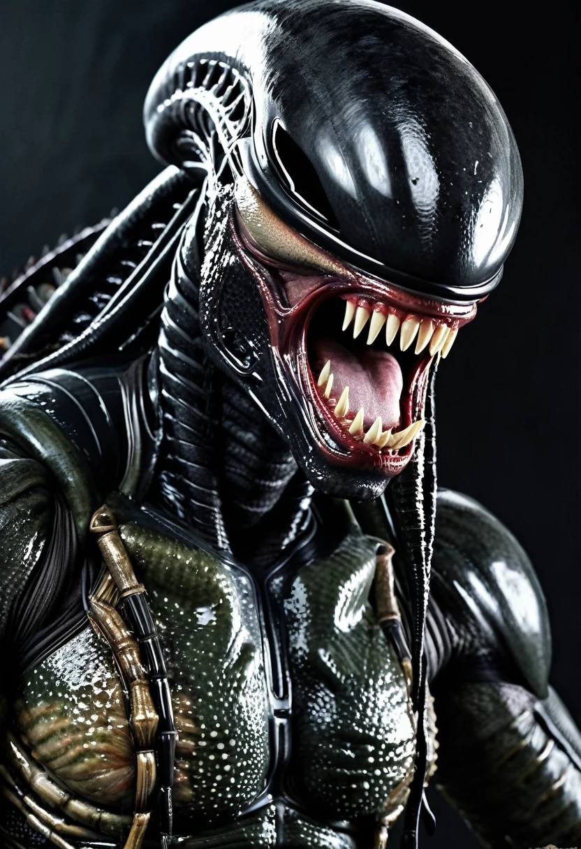 (((Very close up (((Predator fusion Xenomorph Alien the eighth passenger))),(((black color))) surreal and cinematographic images Color Splash images))),(((Front Images))),(((dreadlocks)))