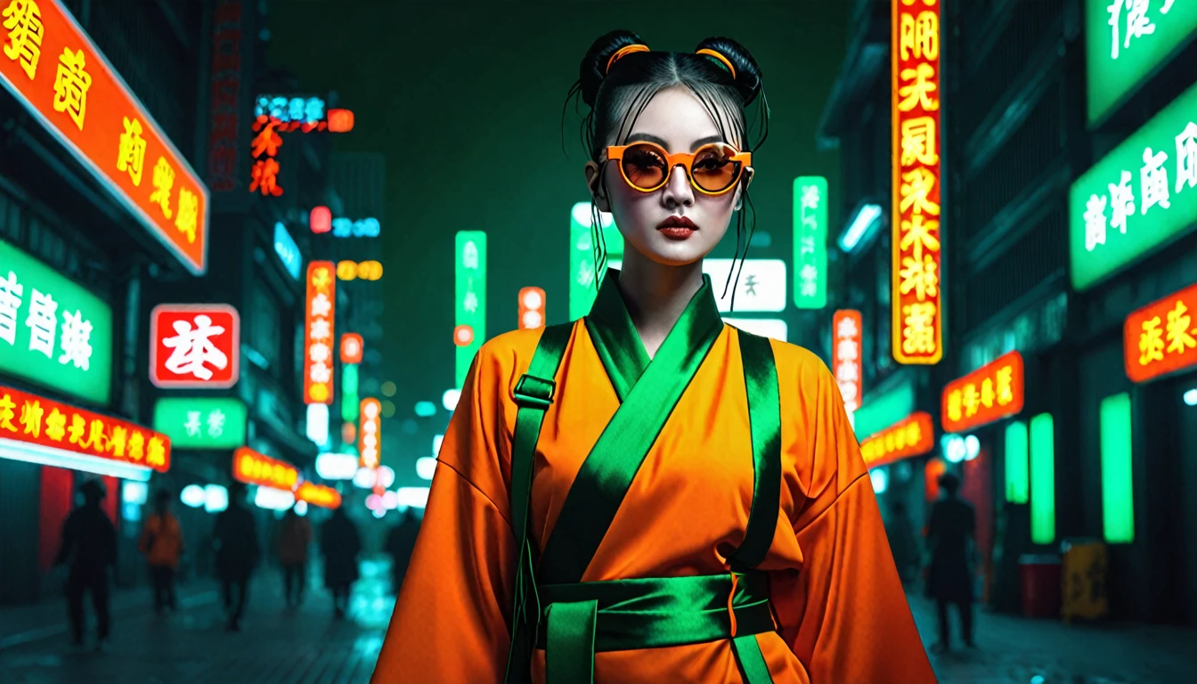 Dark night cyberpunk background，Neon，A woman wearing orange and dark green national style，Chinese clothing，抱着Neon，With round black glasses，High Definition Rendering