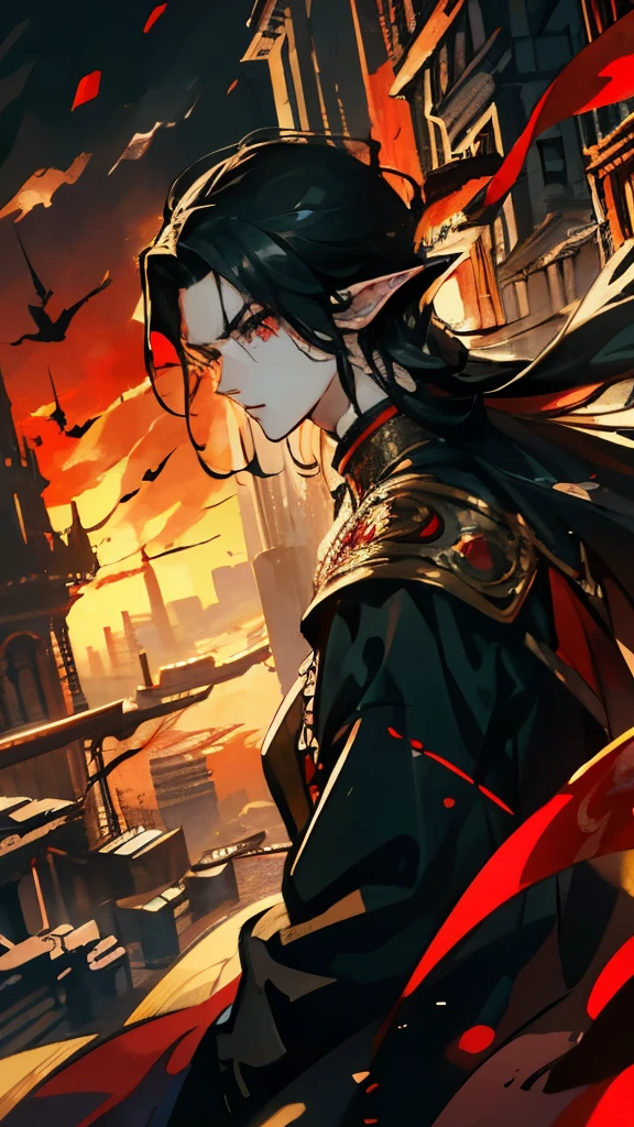 high dynamic range, high quality, masterpiece, Excellent, black hair, Red eyes, split hair, modern，Handsome, Handsome, Serious, Mild, High target, quiet, prince,,Elf King，Demon