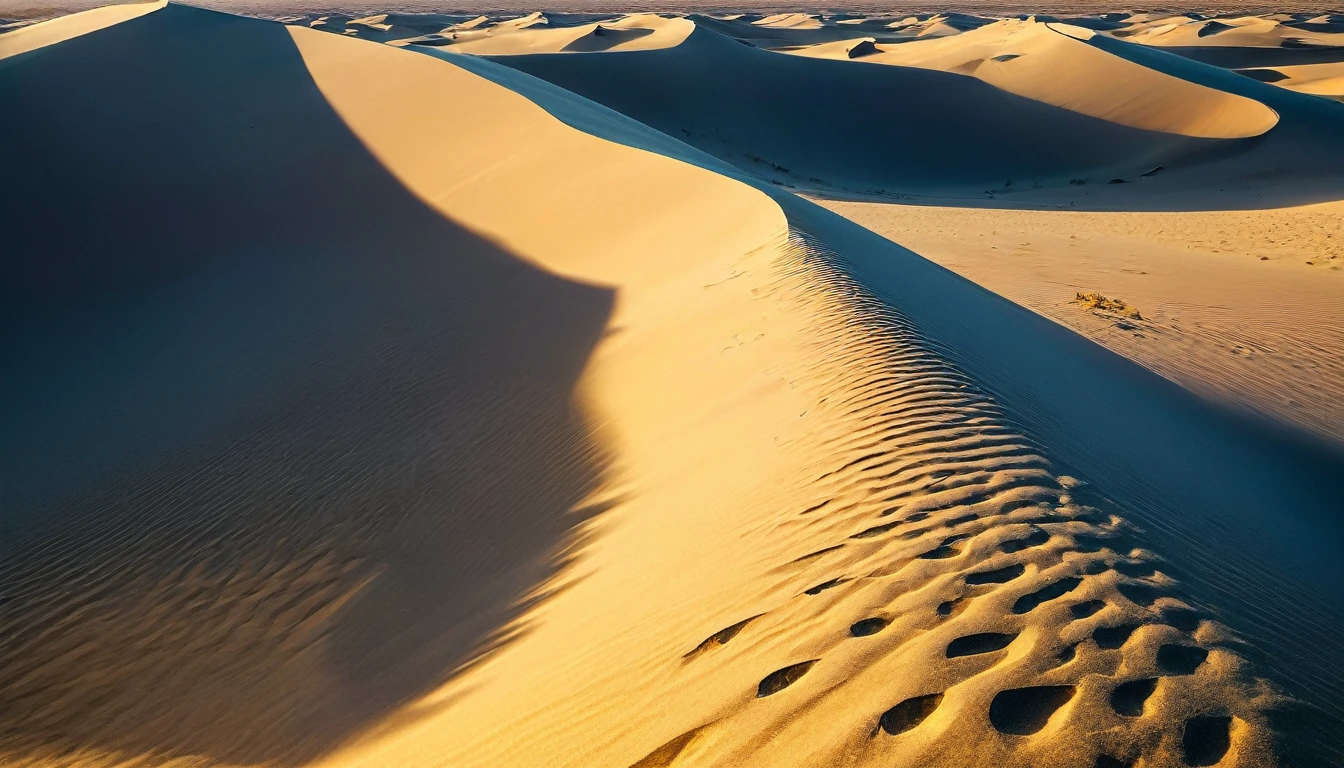 Desert setting with a vast expanse of golden sand dunes. Ao fundo, Huge wind-sculpted rock formations add a sense of grandeur and isolation. A lonely character walks towards the horizon, leaving footprints in the sand and casting a long shadow. Soft sunlight creates an ethereal effect, illuminating the dunes and enhancing the texture of the sand. The atmosphere is serene and contemplative, evoking a feeling of journey and exploration in an inhospitable and vast environment.