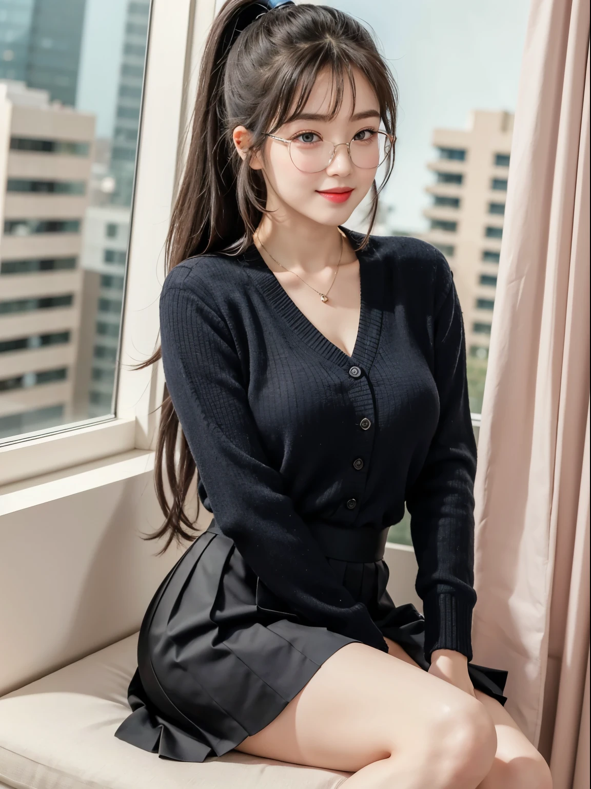 (Best quality, masterpiece, detailed), (RAW, 4k, hd images), shy, 1 girl, 17 years old, white skin, long hair, ponytail, layers hair, bangs, black hair, beautiful girl, cute girl, sweet girl, pretty girl, perfect girl, pretty eyes, blue eyes, thin lips, thin, (eye line, lip stick soft), perfect , glasses(detailed frame), office room, smile, thigh, blush clothes, black short skirt, sitting