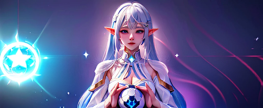 Anime Girl，White hair and blue eyes，Holding a glowing ball in his hand, Echoes of Overwatch, White halo, Portrait of the Knights of the Zodiac, Epic Mage Girl Character, glowwave girl portrait, Digital fantasy character, Beautiful character design, Beautiful women, Digital Character Illustration, Digital Anime Illustration, Crystal skin, Fantasy art style, Beautiful and elegant elf queen, Star Guardian Inspired