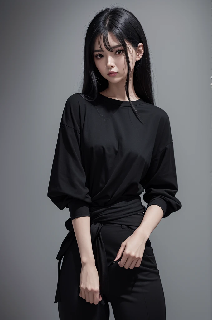 A character wearing a black t-shirt,a black blouse tied at the waist, black pants , blackquality hair, eyes browns, sleeve feature