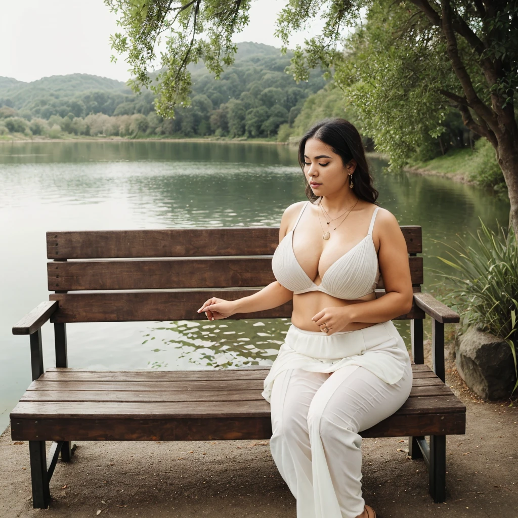 a woman padded different bra and saree,big cheeks, curvy, hourglass figure, swooping breasts, deep cleavage, open arms, sexy armpits,big penis, nipples, ass, necklace, (cinematic:1.3), intricate details, (ArtStation:1.2),there is a wooden bench sitting on the side of a lake, setting in nature, wood chair, sit on a bench, peaceful environment, sitting in front of a lake, peaceful scene, bench, sitting alone, peaceful atmosphere, serene environment, benches, tranquility, quiet and serene atmosphere, sitting near a river, sitting on a bench, serene scene, sitting,