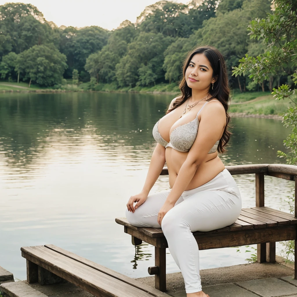 a woman padded different bra and saree,big cheeks, curvy, hourglass figure, swooping breasts, deep cleavage, open arms, sexy armpits,big penis, nipples, ass, necklace, (cinematic:1.3), intricate details, (ArtStation:1.2),there is a wooden bench sitting on the side of a lake, setting in nature, wood chair, sit on a bench, peaceful environment, sitting in front of a lake, peaceful scene, bench, sitting alone, peaceful atmosphere, serene environment, benches, tranquility, quiet and serene atmosphere, sitting near a river, sitting on a bench, serene scene, sitting,