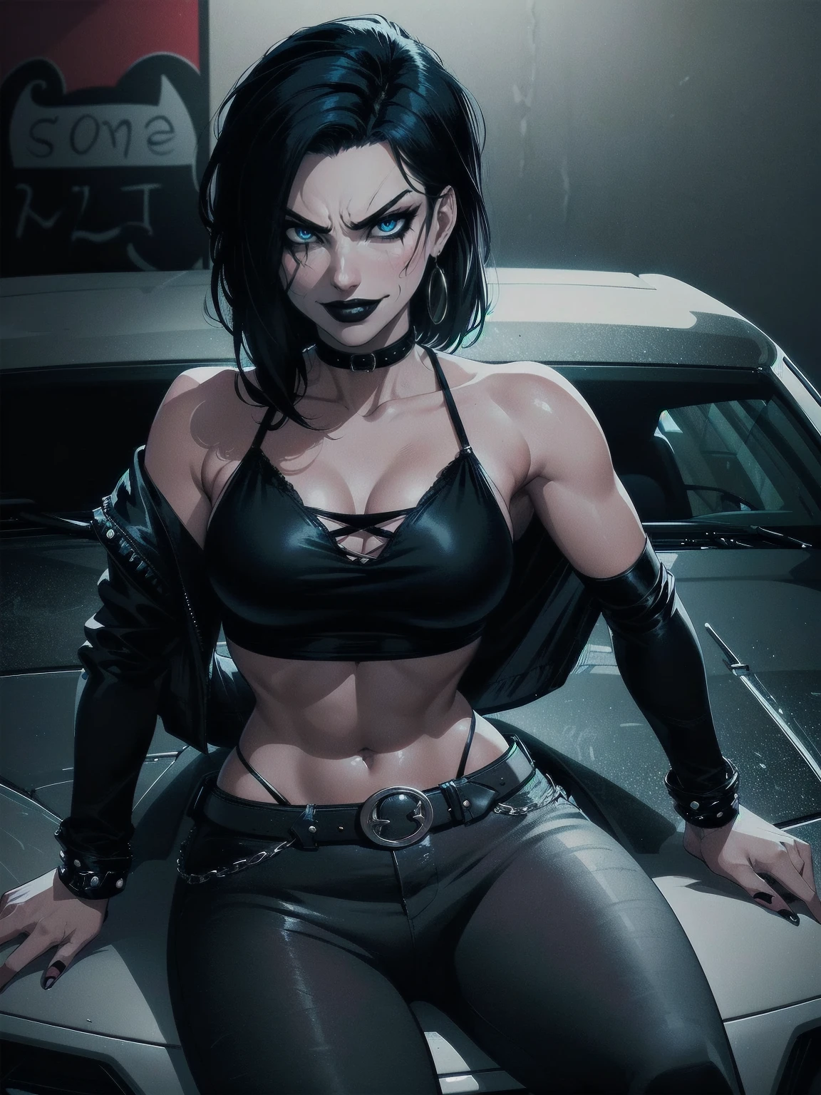 a woman with medium black hair, hair on shoulders, wearing black pant, black jacket, blue eyes, gothic art, cute aesthetic with vibe, toon aesthetic, wearing gothic accessories, look like Cassie Hack, upper body, angry clown smile, sitting on the car, garage background