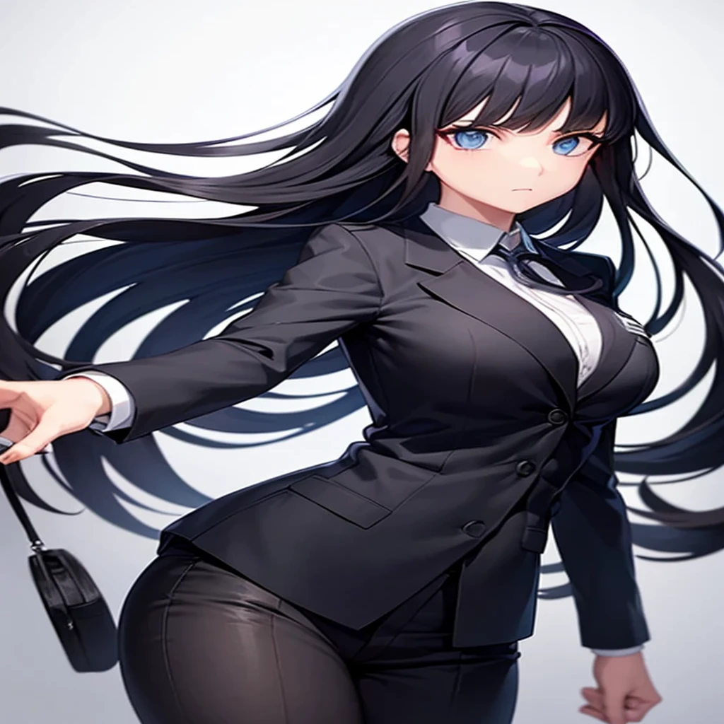 A girl, with Black Hair and Blue eyes, using a suit. No background. Danganronpa Art Style. Pay attention in Hands.