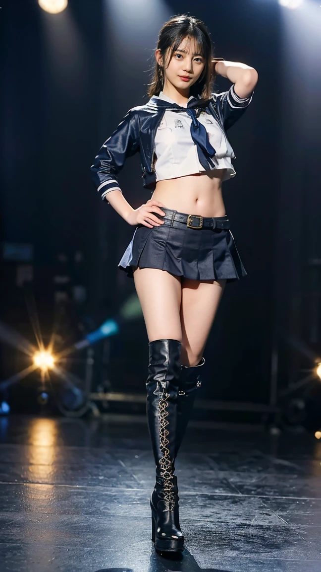 (8K、RAW Photos、Highest quality、masterpiece:1.2)、(Realistic、Realistic)、1 Girl、((one piece、ミニskirt、Belly button、skirt、boots、Big Breasts、whole body、stage、Spotlight、View from the front、Looking into the camera、Stand with one hand on your hip))、