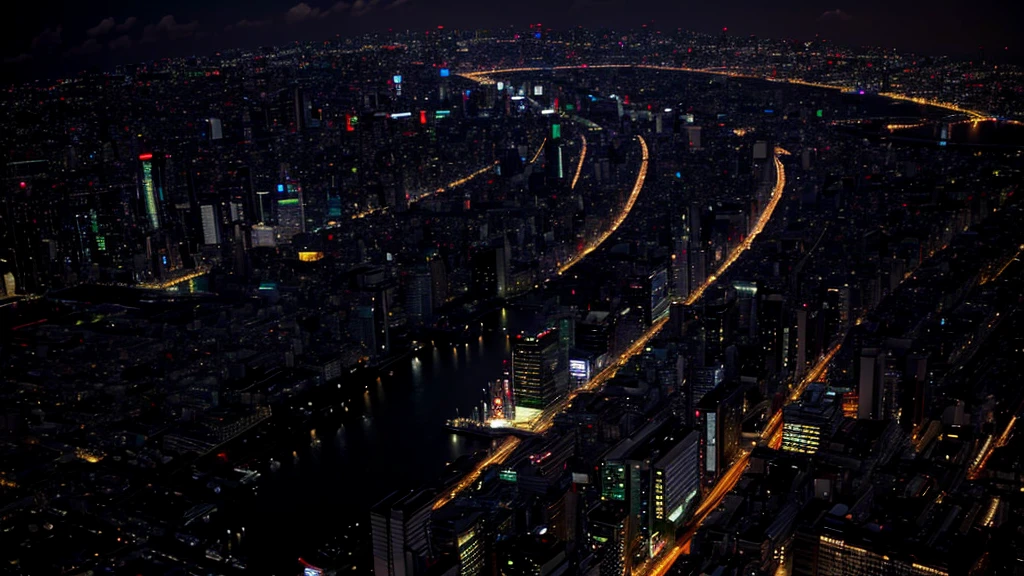 Tokyo cityscape at night,Candles light up the scene,Shoot from a high angle with an ultra-wide angle lens,Beautiful scenery,stunning scenery,movie style,Fisheye lenses,Aerial view