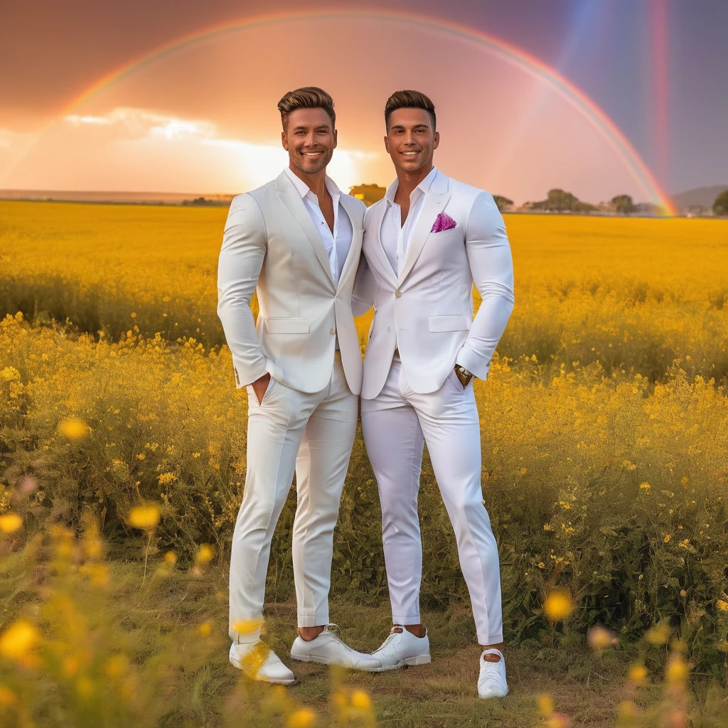 candid a photo of 2man, an attractive and charming, a graceful contrapposto stance (in a field of vibrant swirling flower), good looking, masculine appearance, slender, delicate and symmetrical face, natural olive skin tone, (wearing white outfits with sheer rainbow color fabric details, backdrop of a soft sunrise scene with the rainbow in the sky, Illuminate with soft diffused lighting to create a dreamlike celestial atmosphere, capturing the delicate interplay of light and shadow on face and body, ((full body shot)), wide-angle lens on a high-resolution DSLR camera to capture the grandeur and intricate details of the setting, while shooting dynamic angle to emphasize the model's majestic presence, Canon EOS R6 camera with a 50mm f/1.8 lens, f/2.2 aperture, shutter speed 1/200s. ISO100, by Thomas Synnamon, professional fashion photographer, The overall mood blend the classical elegance of the modern, high-fashion aesthetic, producing an image that feels both timeless and contemporary, raw photo, ((masterpiece)), ((best quality)), High Resolution, (ultra_realistic), (photorealistic, ((Pay attention to the layer and arrangement of model and surrounding objects)), ((Pay attention to the body composition)), ((Correct body structure)), ((Correct photo distance)), romantic atmosphere, lively extremely Gorgeous background), gay, LGBTQ,  