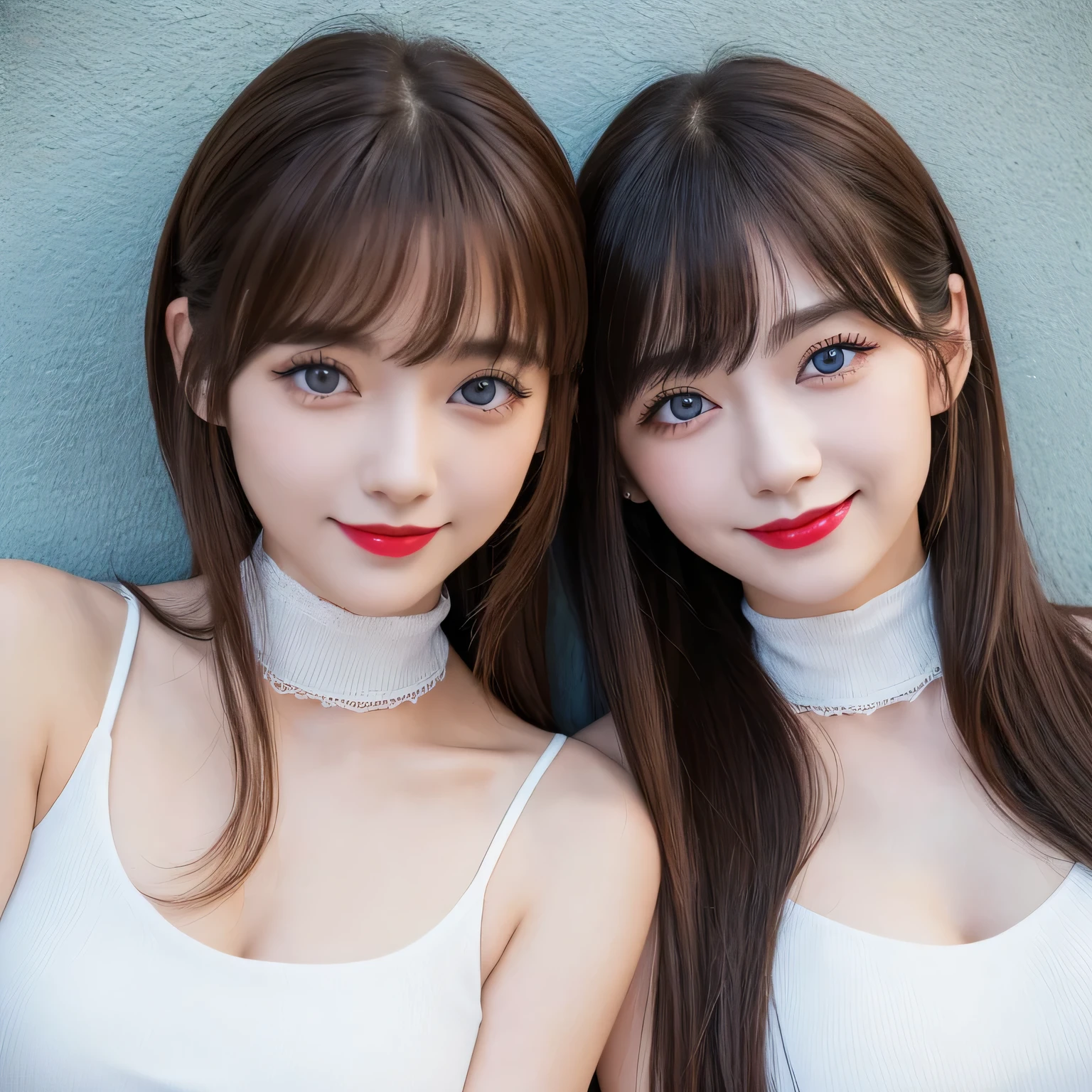 (Highest quality, 8K, Tabletop, Ultra HD: 1.3),Japanese、Identical twin sisters who are indistinguishable from one another、White nude top leaning against wall, 20-year-old、Bans、smile, Black choker, Blue Eyes, Red lipstick, Very long eyelashes, Big breasts family, noble, bangs, Straight long hair with brown hair