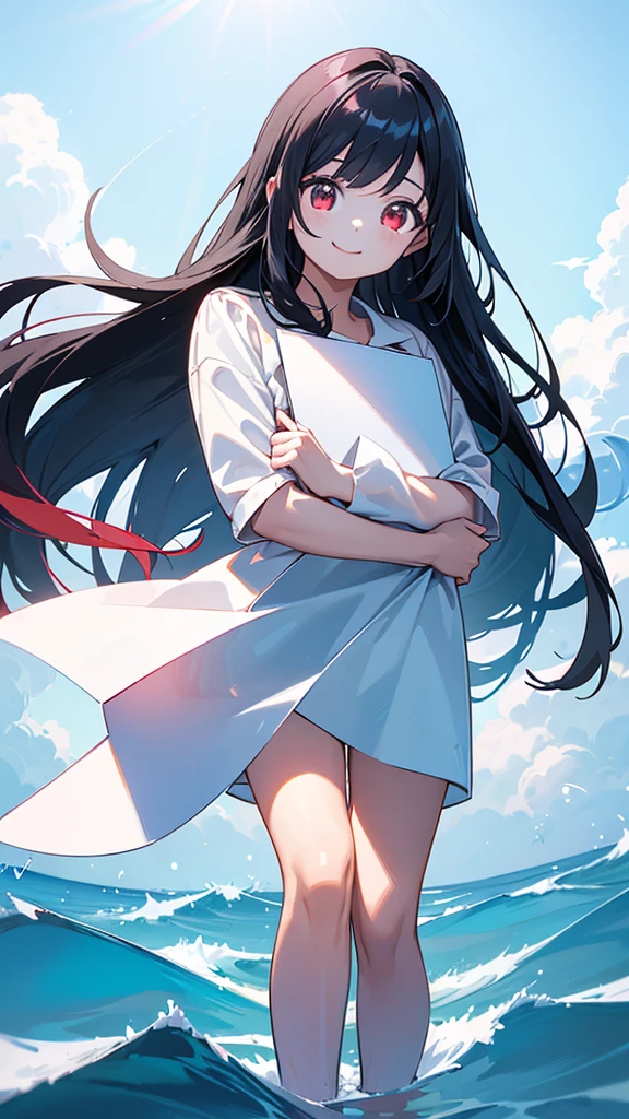 a beautiful young girl with long black hair and bright red eyes, wearing a swimsuit and standing with a bright smile, (((holding a white paper up towards the viewer))), set against a backdrop of a blue ocean and sky with shimmering light reflections on the water