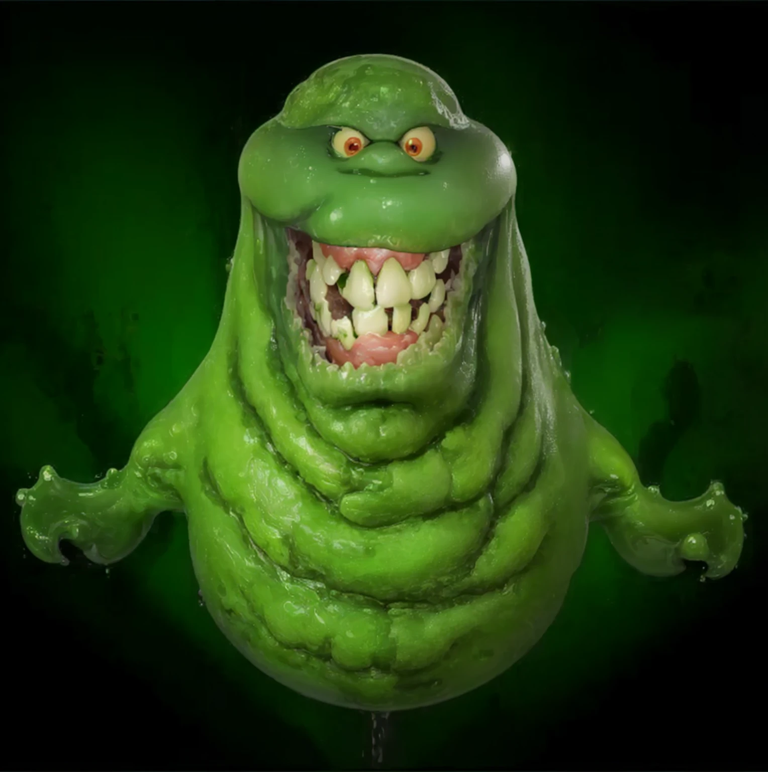 a close up of a green creature with a big smile on its face, thinner, gelatinous texture,ghostbusters character, slime monster,