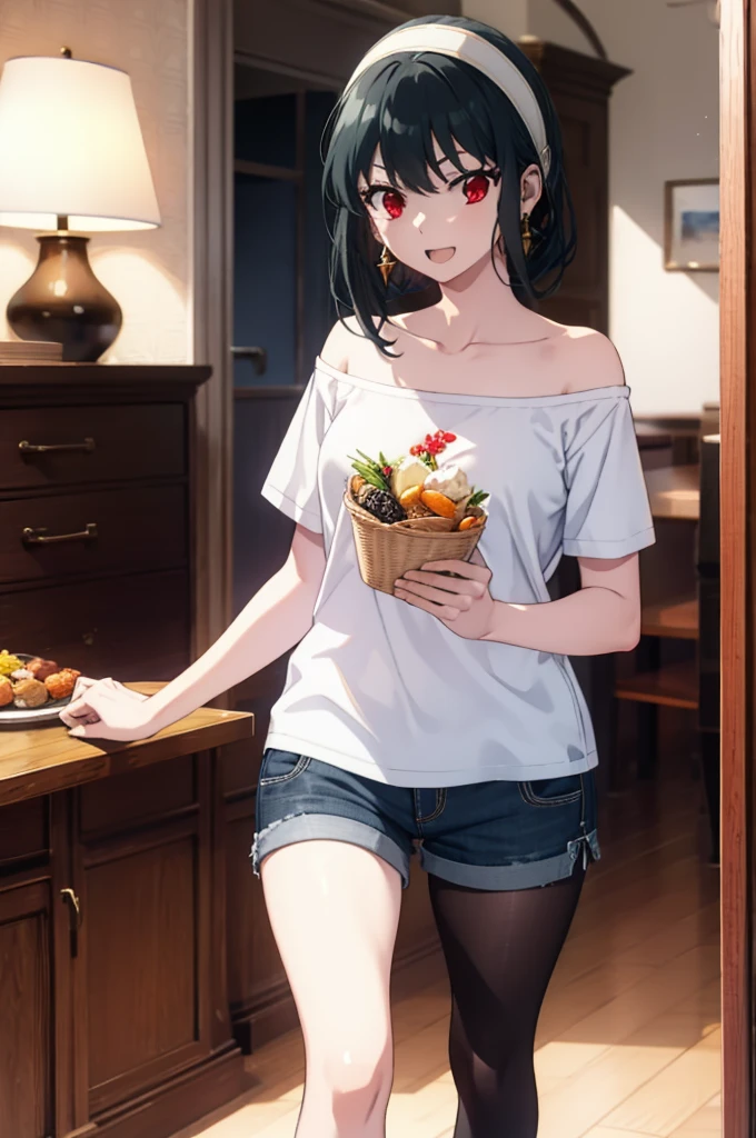 Yorbraia, Yor Briar, Black Hair, (Red eyes:1.5), Earrings, gold hair band, hair band, Long Hair, (Medium chest:1.2), happy smile, smile, Open your mouth,Oversized one-shoulder t-shirt,Shorts,Black pantyhose,short boots,,whole bodyがイラストに入るように,Walking,food, drink, Tables and chairs,tray, tray in one hand
break indoors,room,living,
break looking at viewer, whole body,
break (masterpiece:1.2), Highest quality, High resolution, unity 8k wallpaper, (figure:0.8), (Beautiful attention to detail:1.6), Highly detailed face, Perfect lighting, Highly detailed CG, (Perfect hands, Perfect Anatomy),