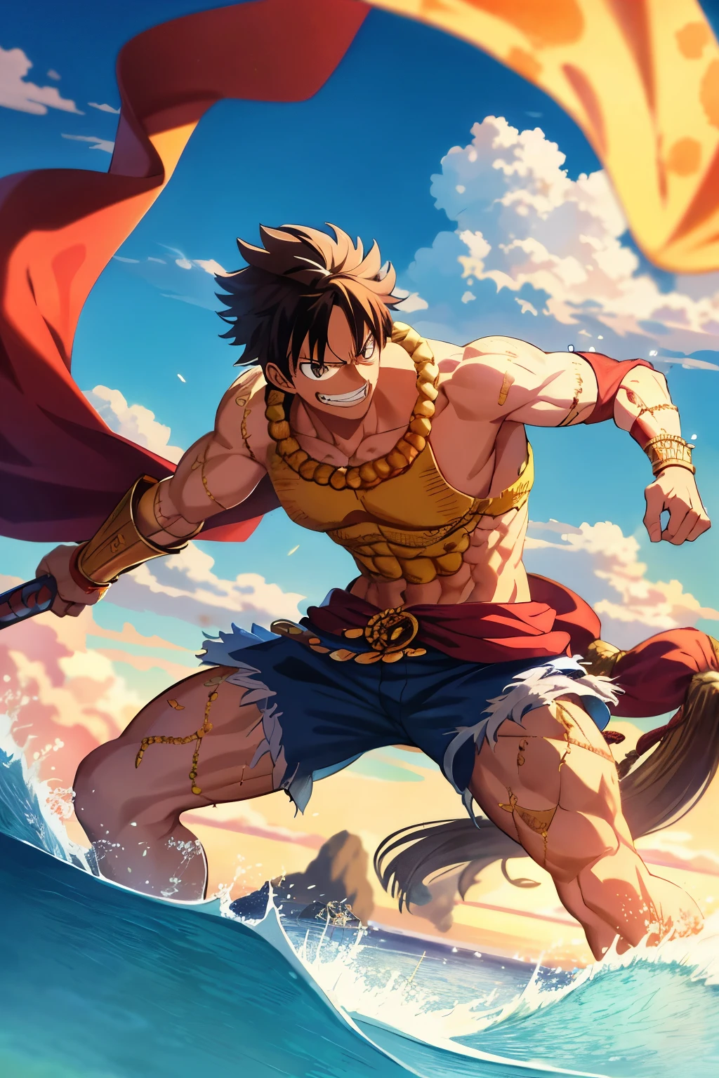 Anime style, Epic battle scene, One Piece, Luffy, defeating, Gilgamesh, high-resolution, action-packed, Luffy with triumphant grin, leaning on his sword, celebratory pose, against the backdrop of a floating island, golden sunset, sparkling ocean, foamy waves, Luffy's iconic straw hat, blown by the wind, Luffy's muscular physique, scar describing his journey, Gilgamesh lying defeated, armor shattered, confused expression, epic triumph, perfect anatomy, detailed portrait, digital masterpiece, 4K wallpaper, stunning visuals, One Piece masterpiece.