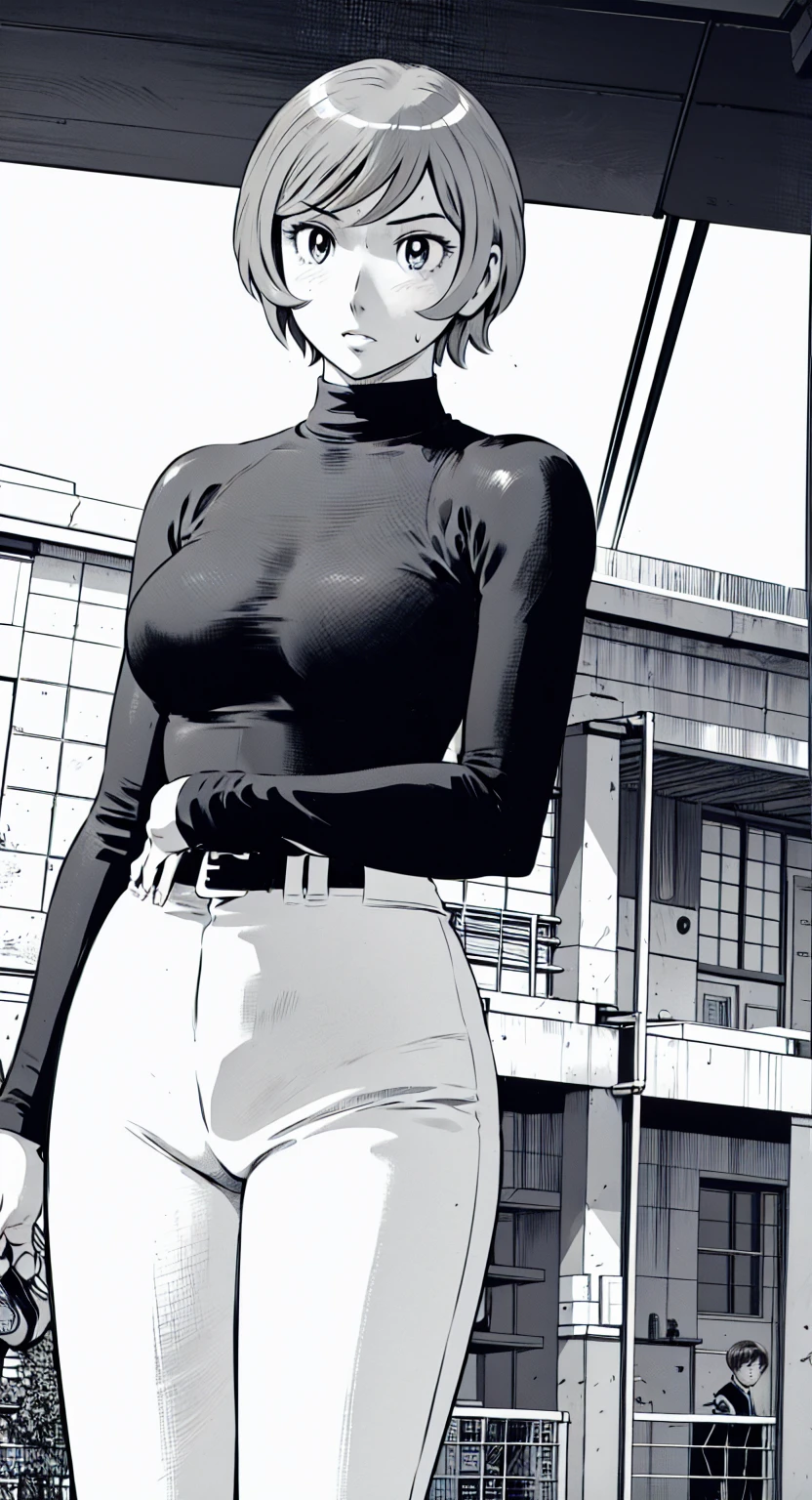 (野球uniform:1.2),
Blonde Hair, (short hair:1.2),Long sleeve, Black Shirt, turtleneck,White trousers、uniform、Black belt、((Illustration of people))、Big Boobs、
View Audience,, (Highest quality:1.3),One Girl, White pants、uniform、Outdoor、baseball ground、ground、soil、blue eyes、Tight black shirt、(masterpiece、Highest quality)、Highest quality, Ultra-high resolution, (((masterpiece))), alone, Sweat、Big eyes、Big Breasts、One Girl, Front view、Embarrassed face、Bronze colored hair、((short hair))、Stand up straight、Cowboy Shot