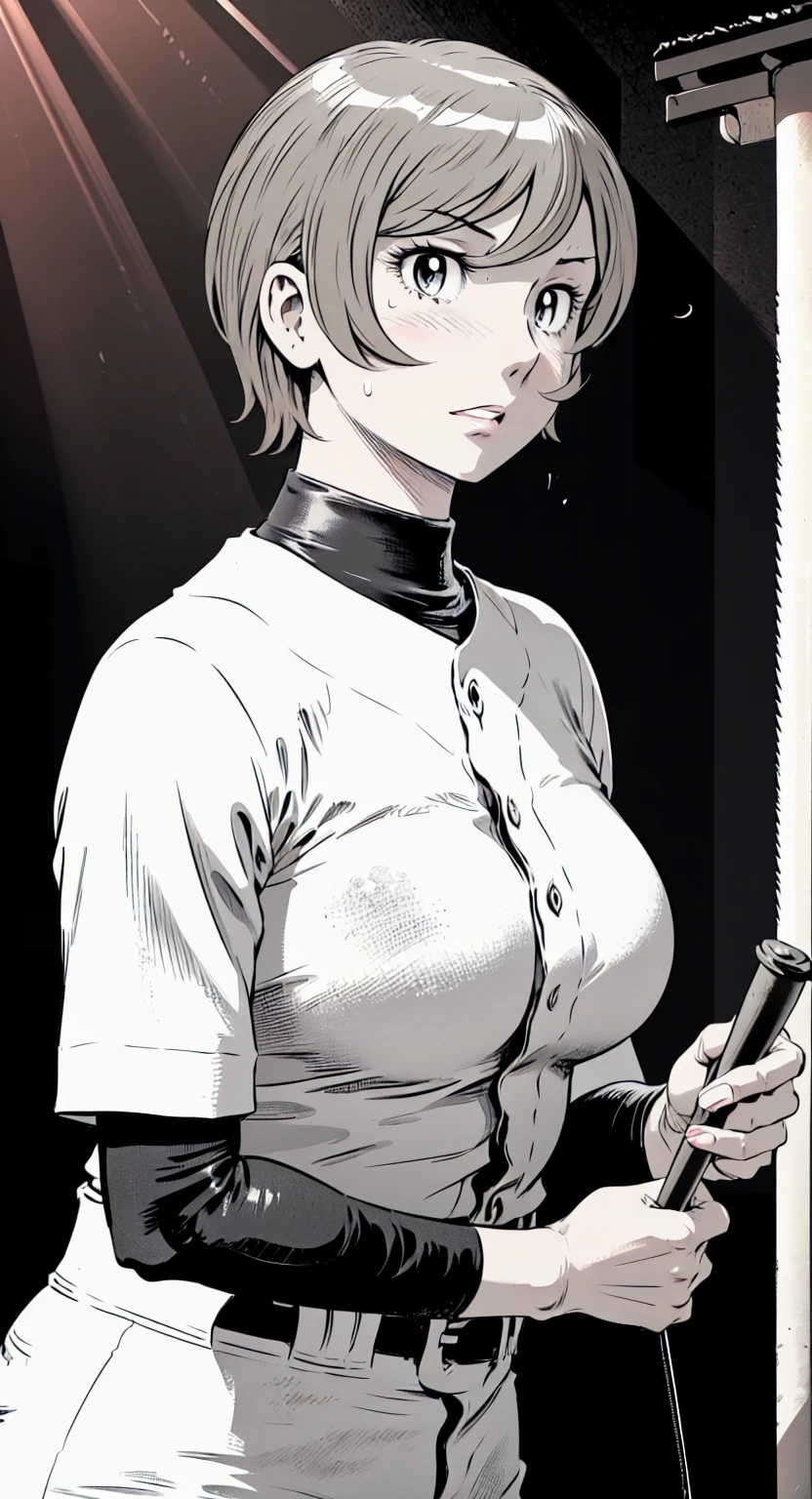 (野球uniform:1.2),
Blonde Hair, (short hair:1.2),Long sleeve, Black Shirt, turtleneck,White trousers、uniform、Black belt、((Illustration of people))、Big Boobs、
View Audience,, (Highest quality:1.3),One Girl, White pants、uniform、Outdoor、baseball ground、ground、soil、blue eyes、Tight black shirt、(masterpiece、Highest quality)、Highest quality, Ultra-high resolution, (((masterpiece))), alone, Sweat、Big eyes、Big Breasts、One Girl, Front view、Embarrassed face、Bronze colored hair、((short hair))、Stand up straight、Cowboy Shot