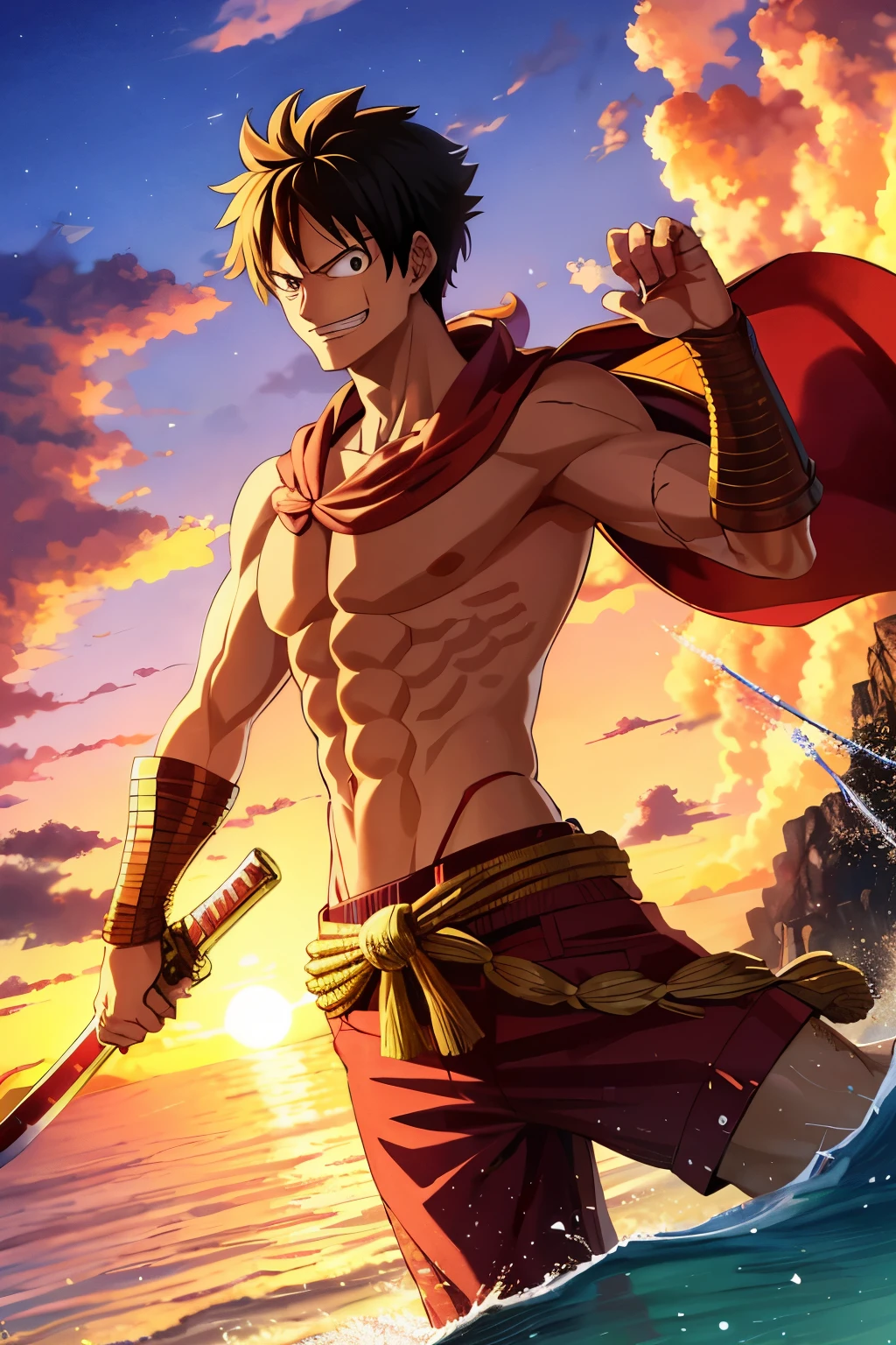 Anime style, Epic battle scene, One Piece, Luffy, defeating, Gilgamesh, high-resolution, action-packed, Luffy with triumphant grin, leaning on his sword, celebratory pose, against the backdrop of a floating island, golden sunset, sparkling ocean, foamy waves, Luffy's iconic straw hat, blown by the wind, Luffy's muscular physique, scar describing his journey, Gilgamesh lying defeated, armor shattered, confused expression, epic triumph, perfect , detailed portrait, digital masterpiece, 4K wallpaper, stunning visuals, One Piece masterpiece.