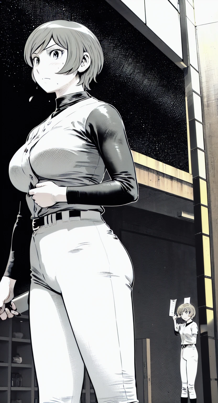 (野球uniform:1.2),
Blonde Hair, (short hair:1.2),Long sleeve, Black Shirt, turtleneck,White trousers、uniform、Black belt、((Illustration of people))、Big Boobs、
View Audience,, (Highest quality:1.3),One Girl, White pants、uniform、Outdoor、baseball ground、ground、soil、blue eyes、Tight black shirt、(masterpiece、Highest quality)、Highest quality, Ultra-high resolution, (((masterpiece))), alone, Sweat、Big eyes、Big Breasts、One Girl, Front view、Embarrassed face、Bronze colored hair、((short hair))、Stand up straight、Cowboy Shot