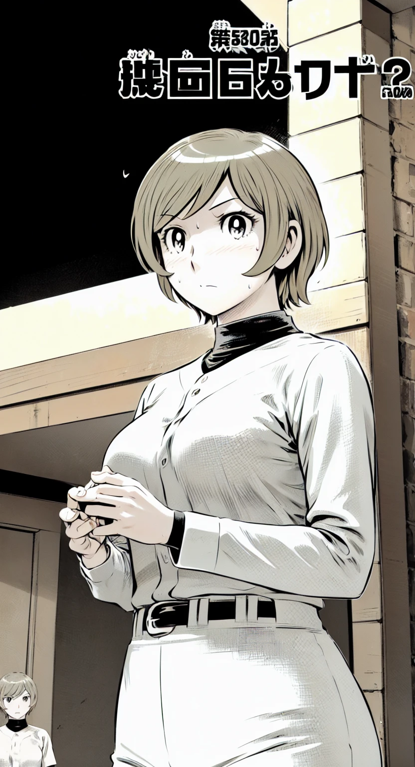 (野球uniform:1.2),
Blonde Hair, (short hair:1.2),Long sleeve, Black Shirt, turtleneck,White trousers、uniform、Black belt、((Illustration of people))、Big Boobs、
View Audience,, (Highest quality:1.3),One Girl, White pants、uniform、Outdoor、baseball ground、ground、soil、blue eyes、Tight black shirt、(masterpiece、Highest quality)、Highest quality, Ultra-high resolution, (((masterpiece))), alone, Sweat、Big eyes、Big Breasts、One Girl, Front view、Embarrassed face、Bronze colored hair、((short hair))、Stand up straight、Cowboy Shot